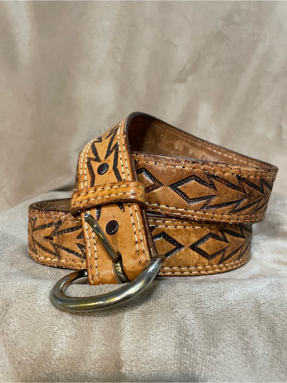 Men’s Western Brown Tooled Leather Belt with Brass Ring Buckle